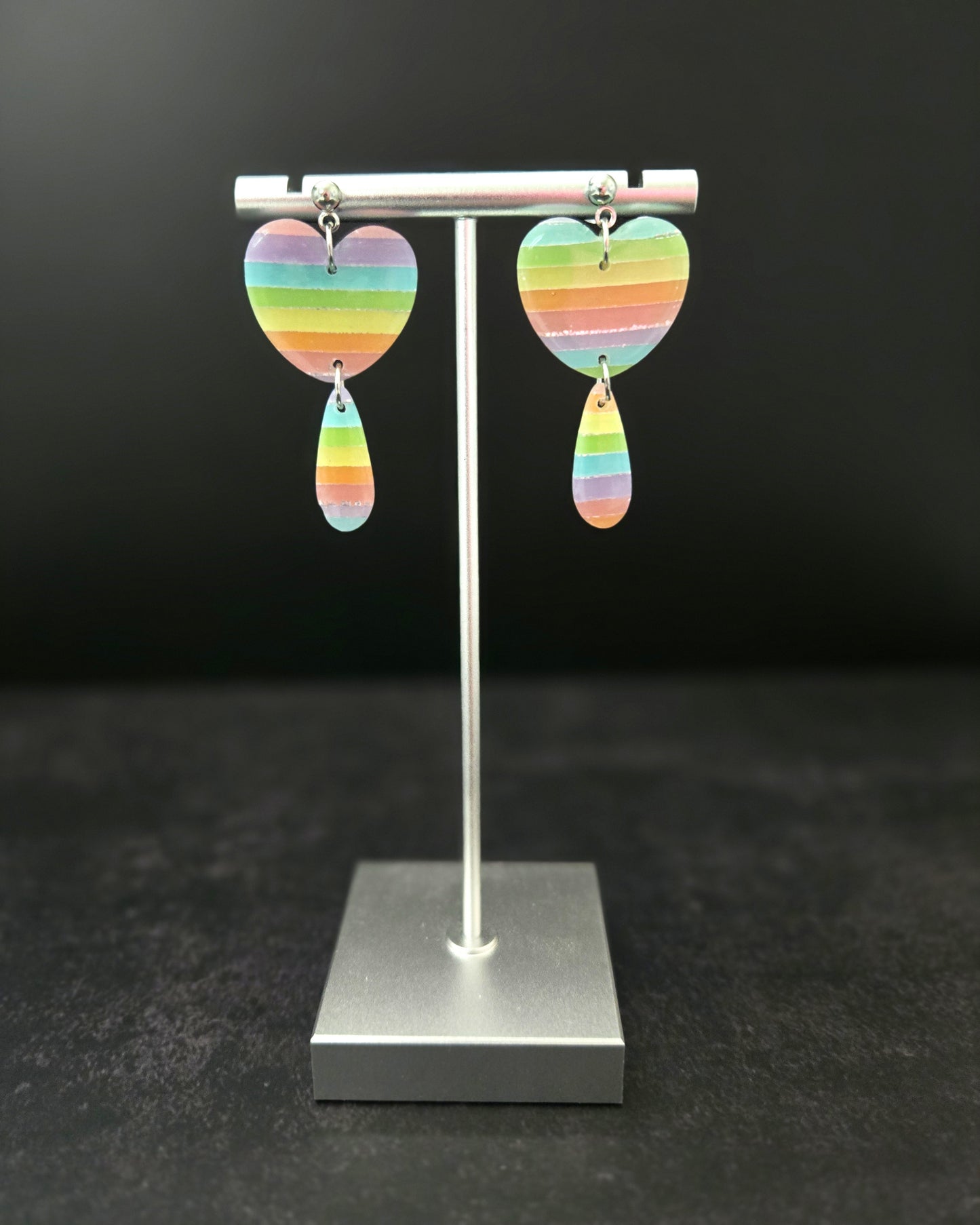 Translucent Rainbow Heart Dangles | Polymer Clay Earrings