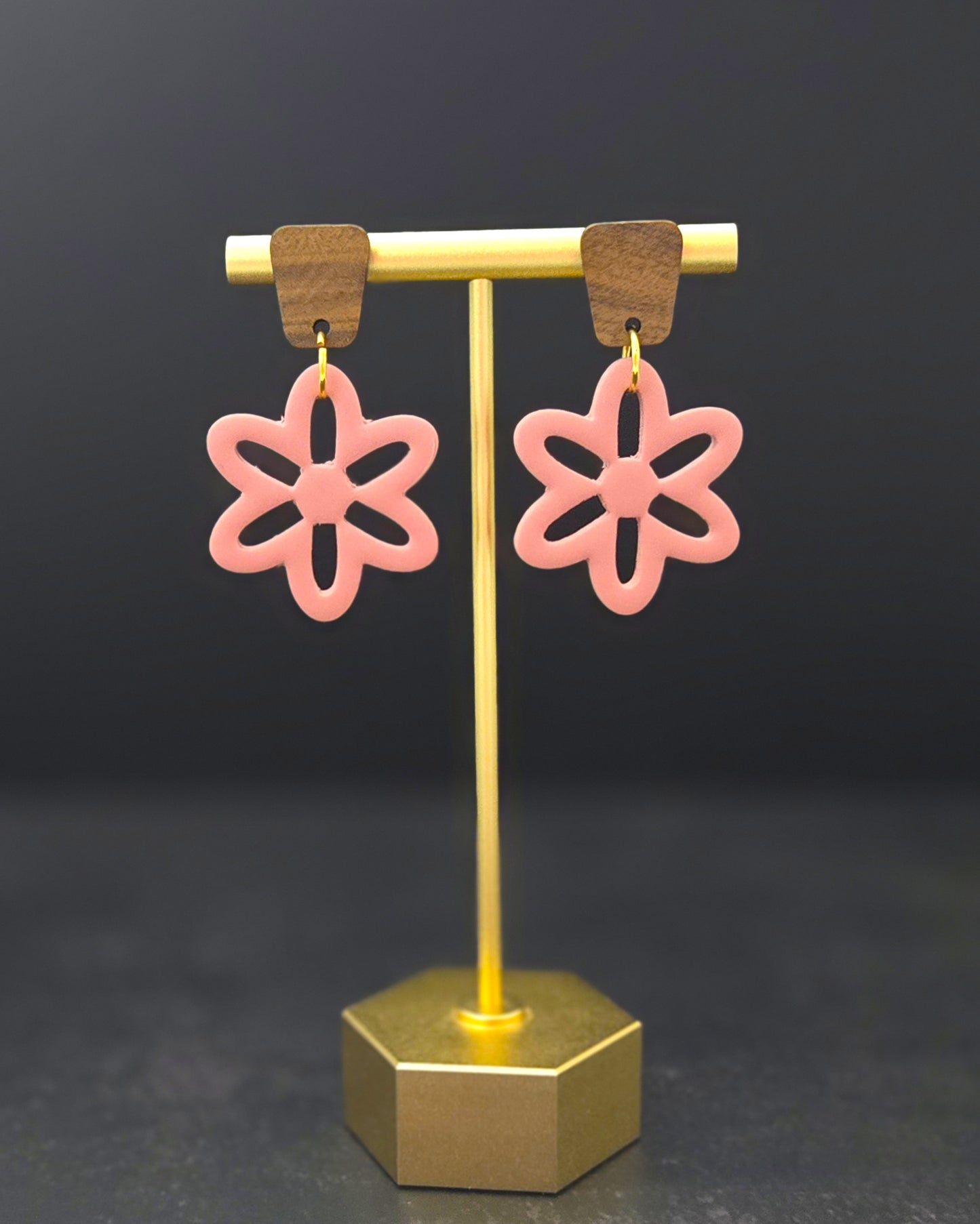 Flower Dangles with Wood Posts | Polymer Clay Earrings