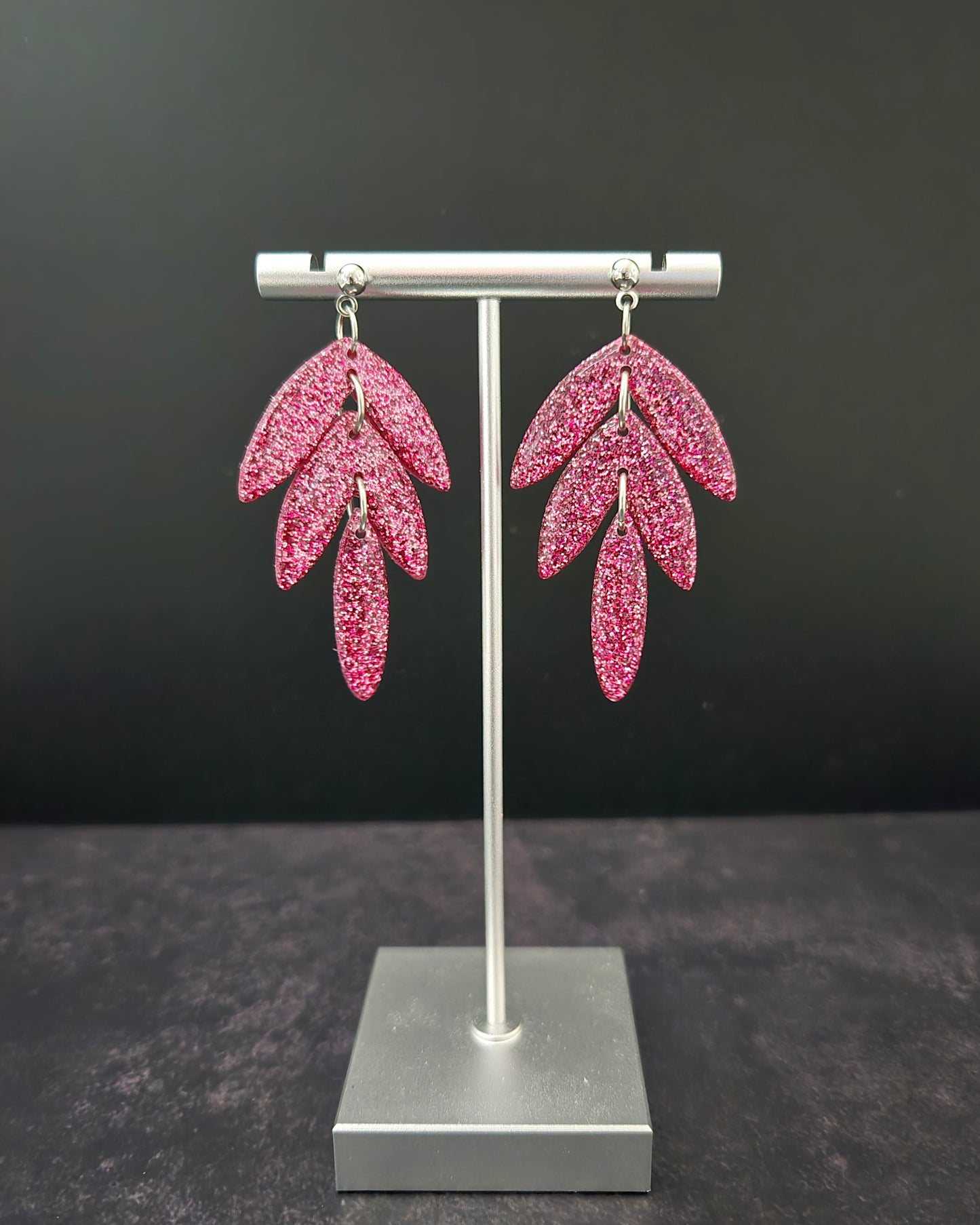 Pink Sparkle 3-Tier Leaf | Polymer Clay Earrings