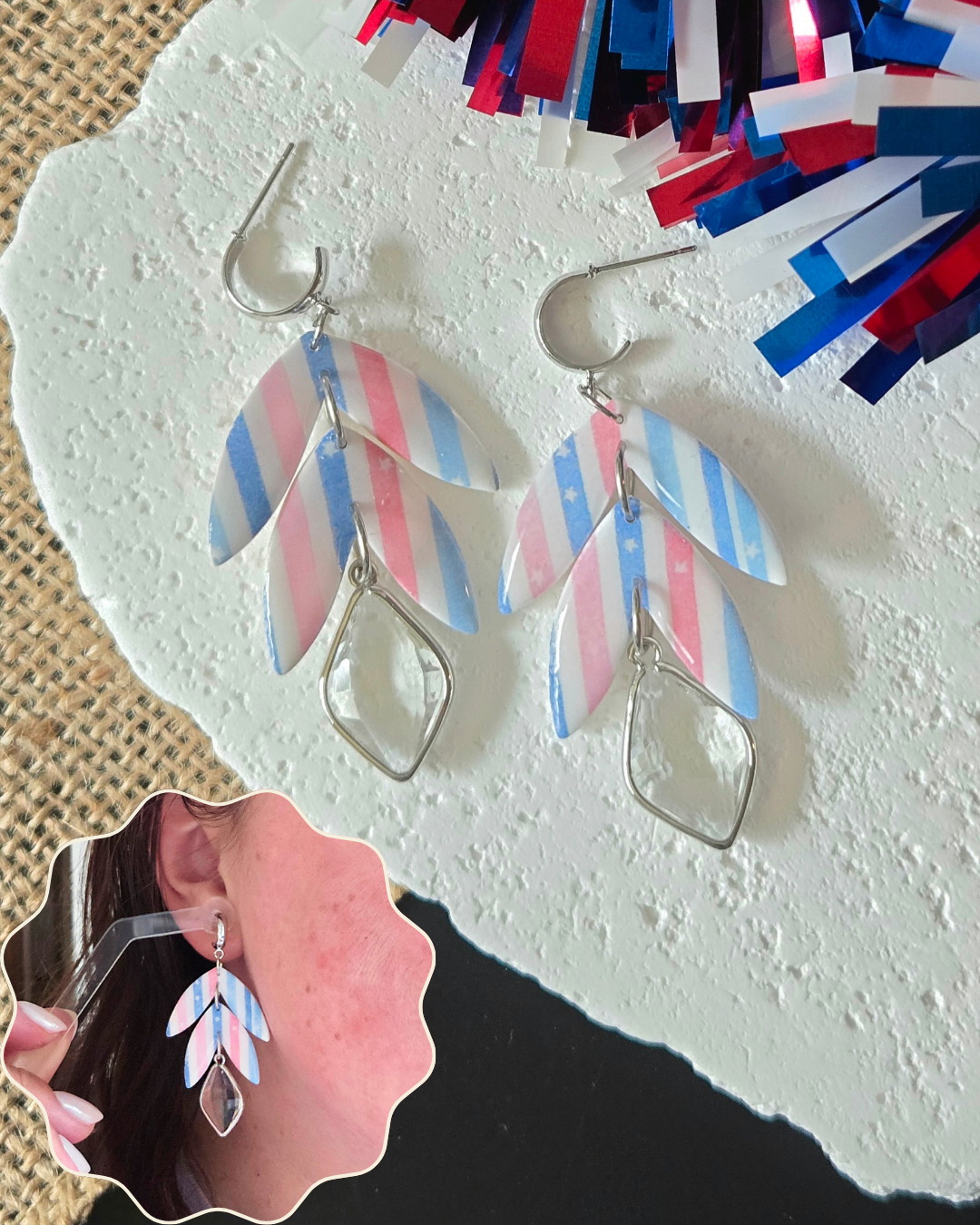Patriotic Stripes with Gems | Polymer Clay Earrings