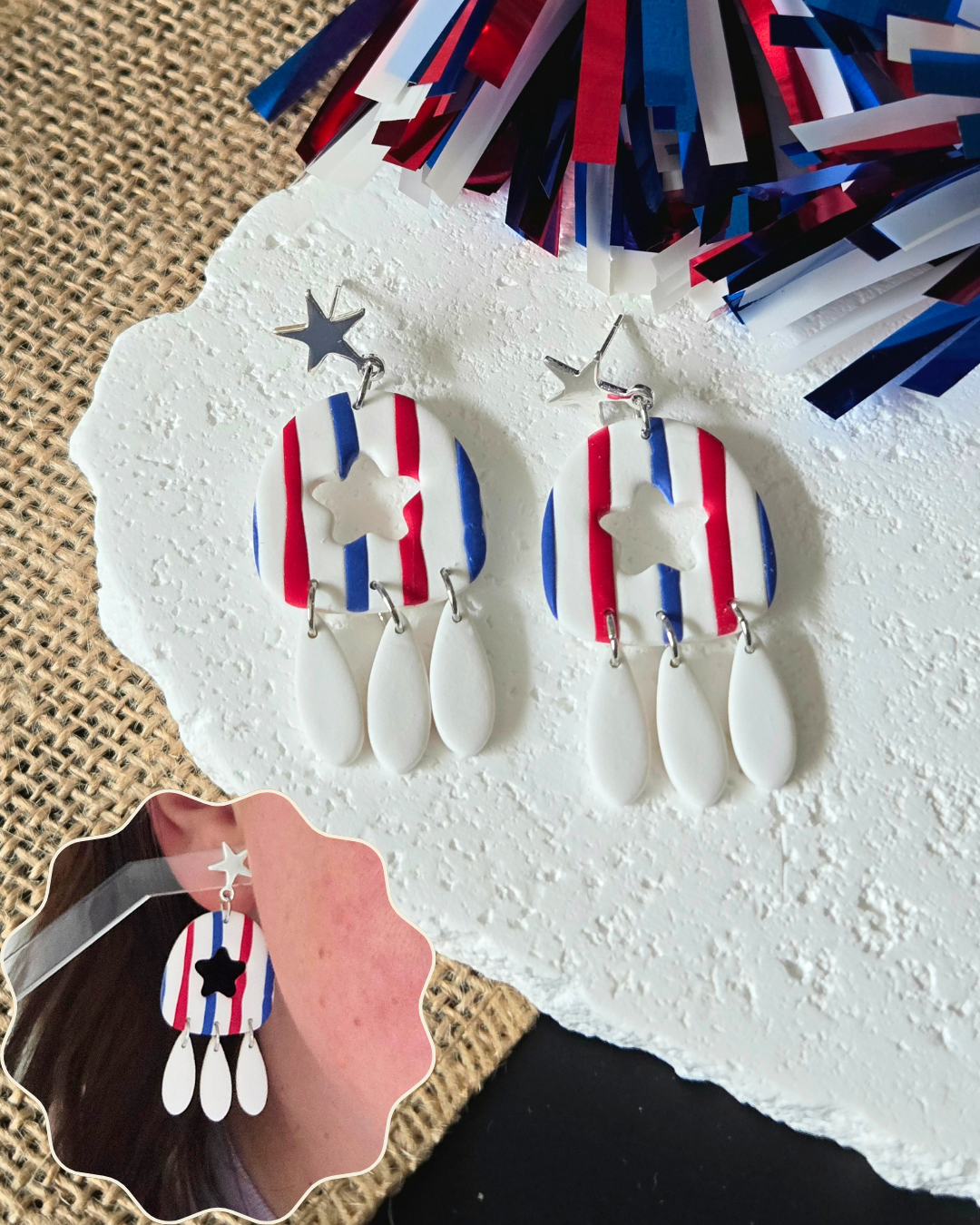 Striped Star Dangles | Polymer Clay Earrings