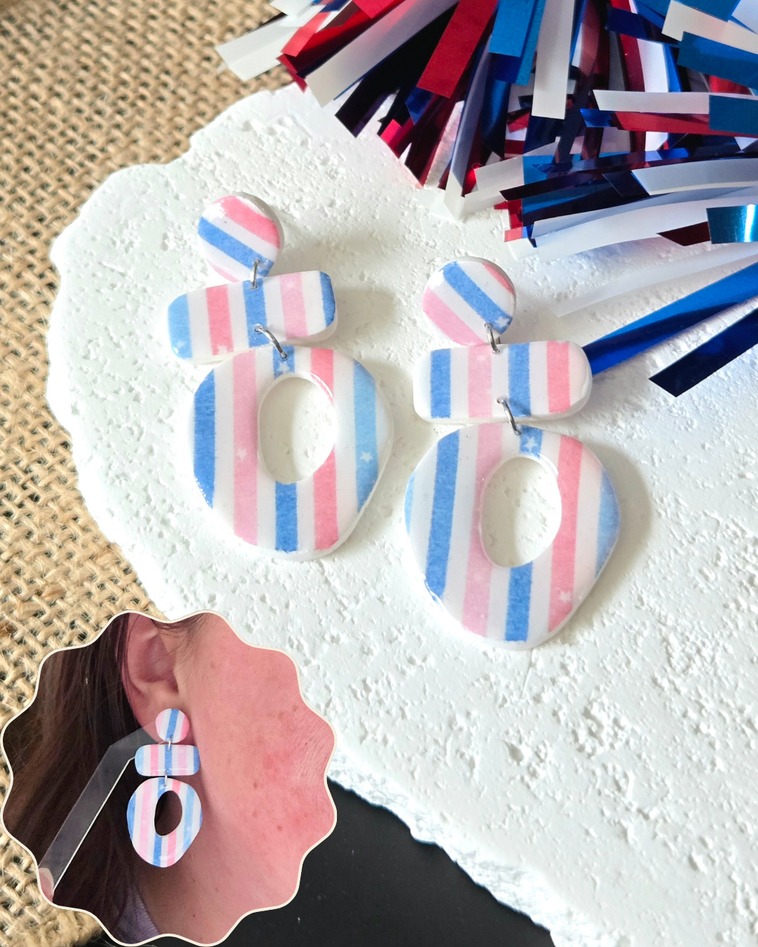 Patriotic Stripe Dangles | Polymer Clay Earrings