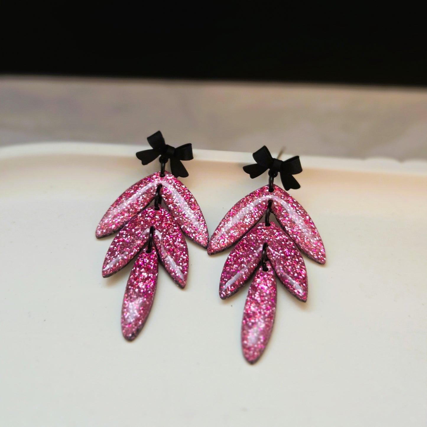 Pink Glitter Bows 3-Tier | Polymer Clay Earrings