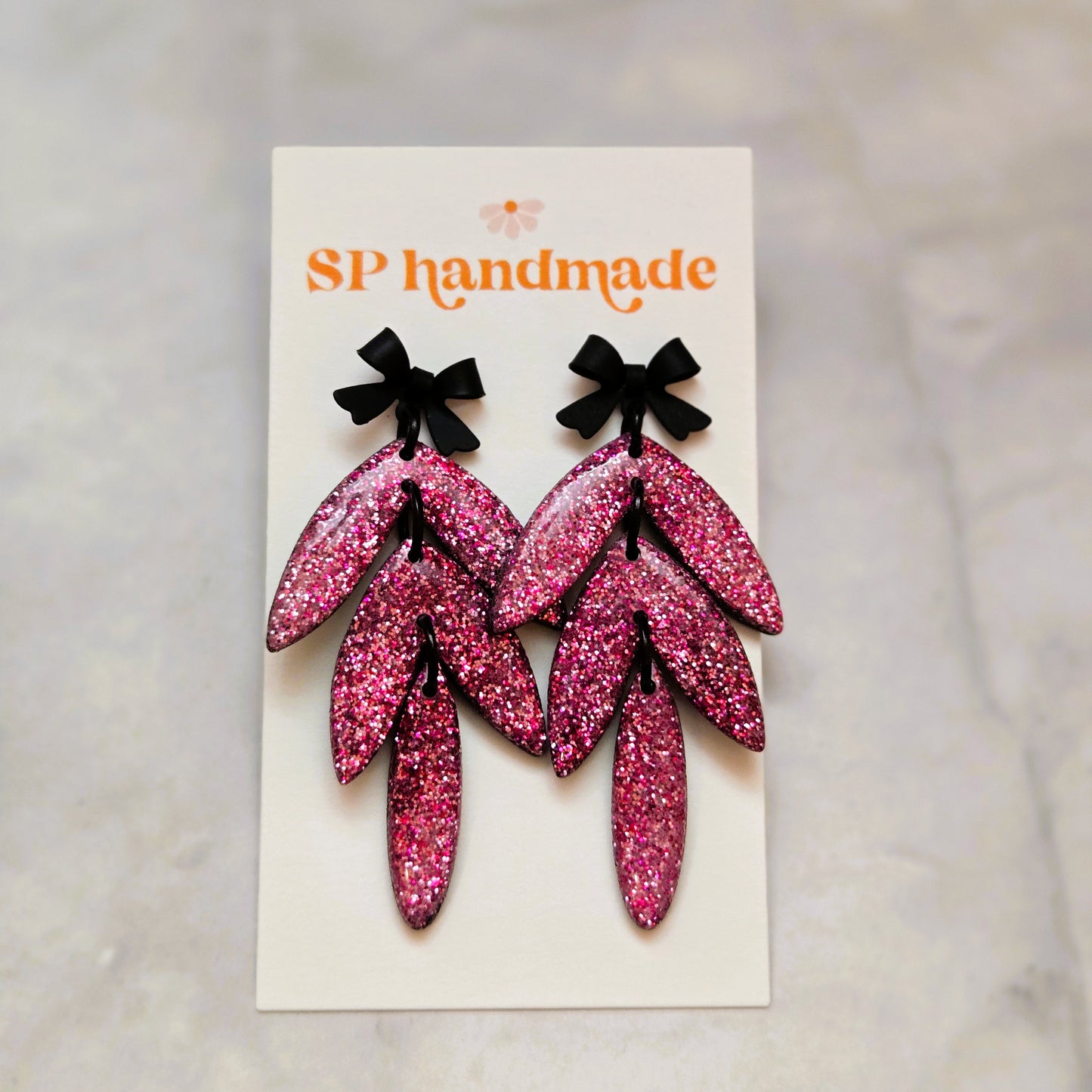 Pink Glitter Bows 3-Tier | Polymer Clay Earrings