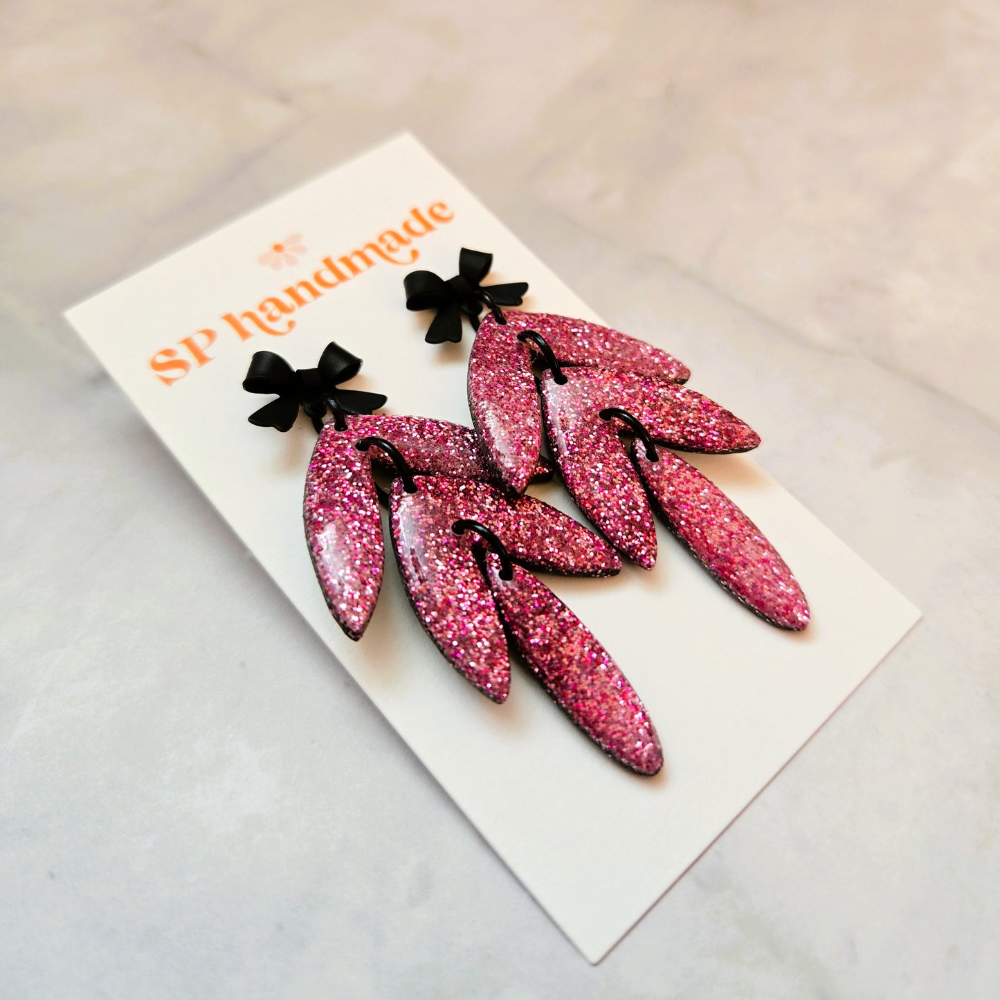 Pink Glitter Bows 3-Tier | Polymer Clay Earrings