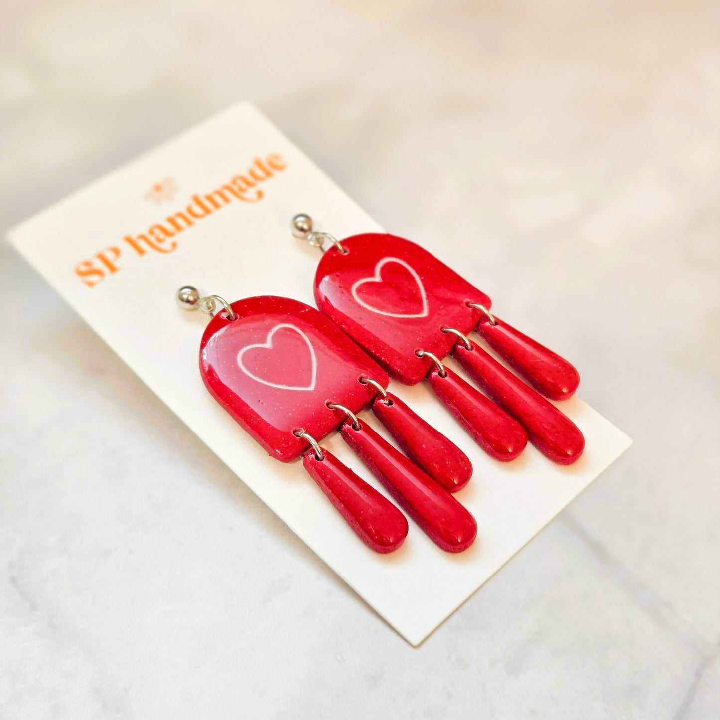 Red Glitter Heart Dangles | Polymer Clay Earrings