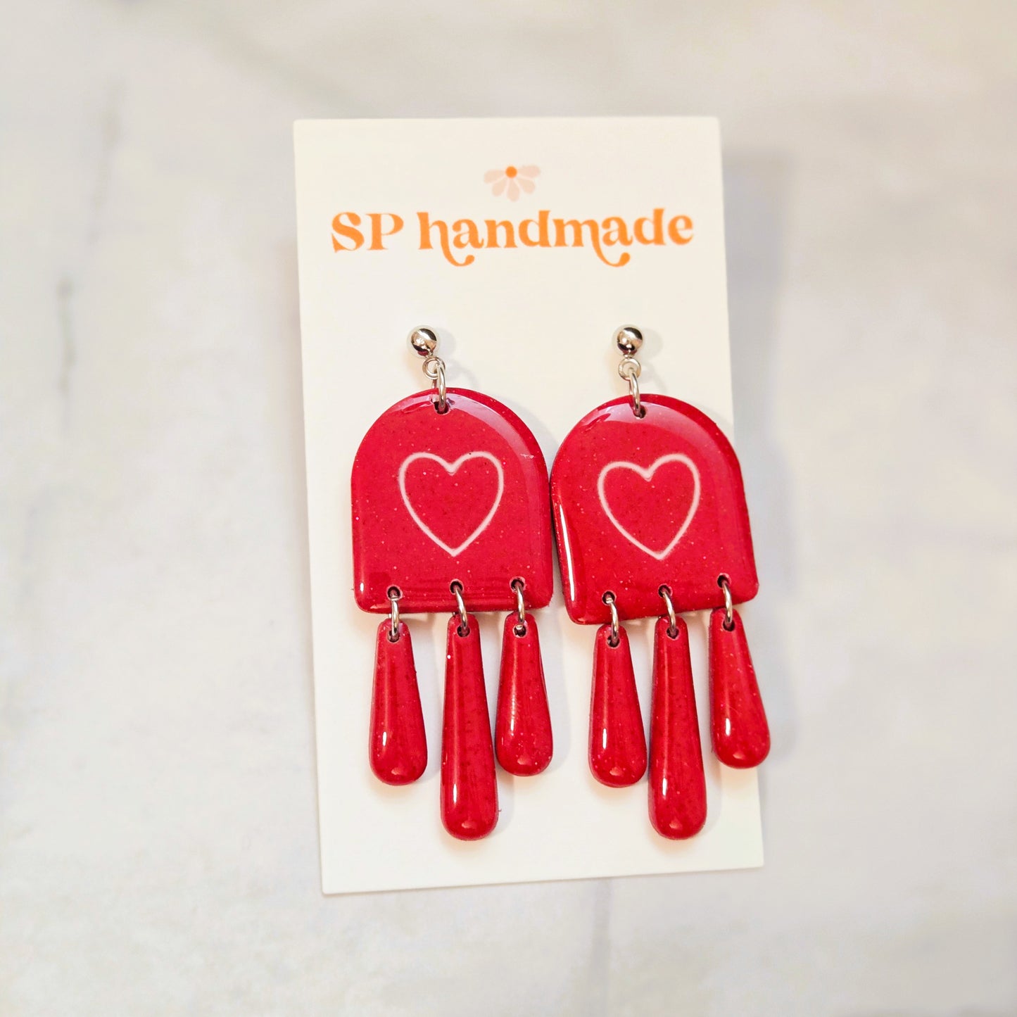 Red Glitter Heart Dangles | Polymer Clay Earrings