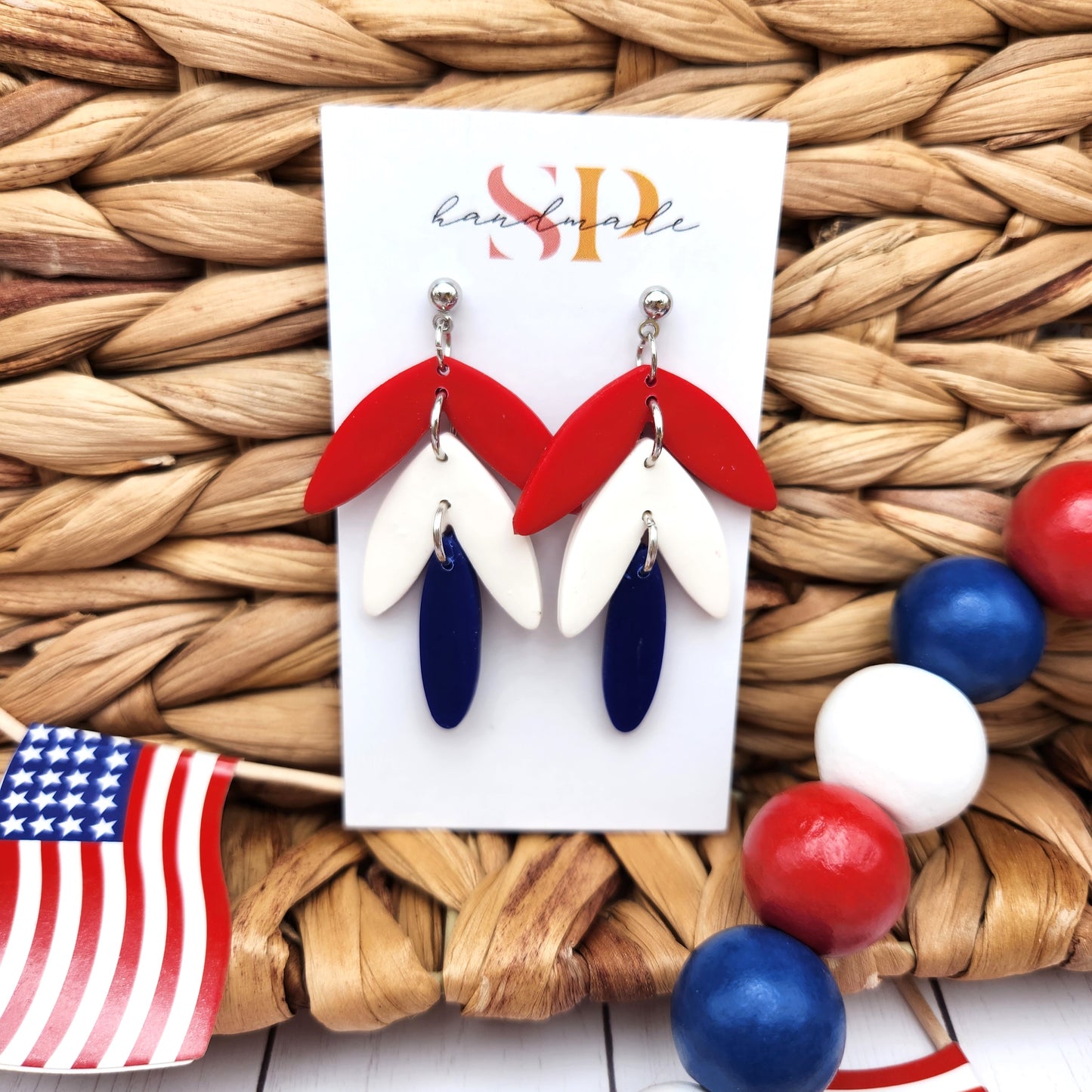 Patriotic 3-Tier Leaf | Polymer Clay Earrings