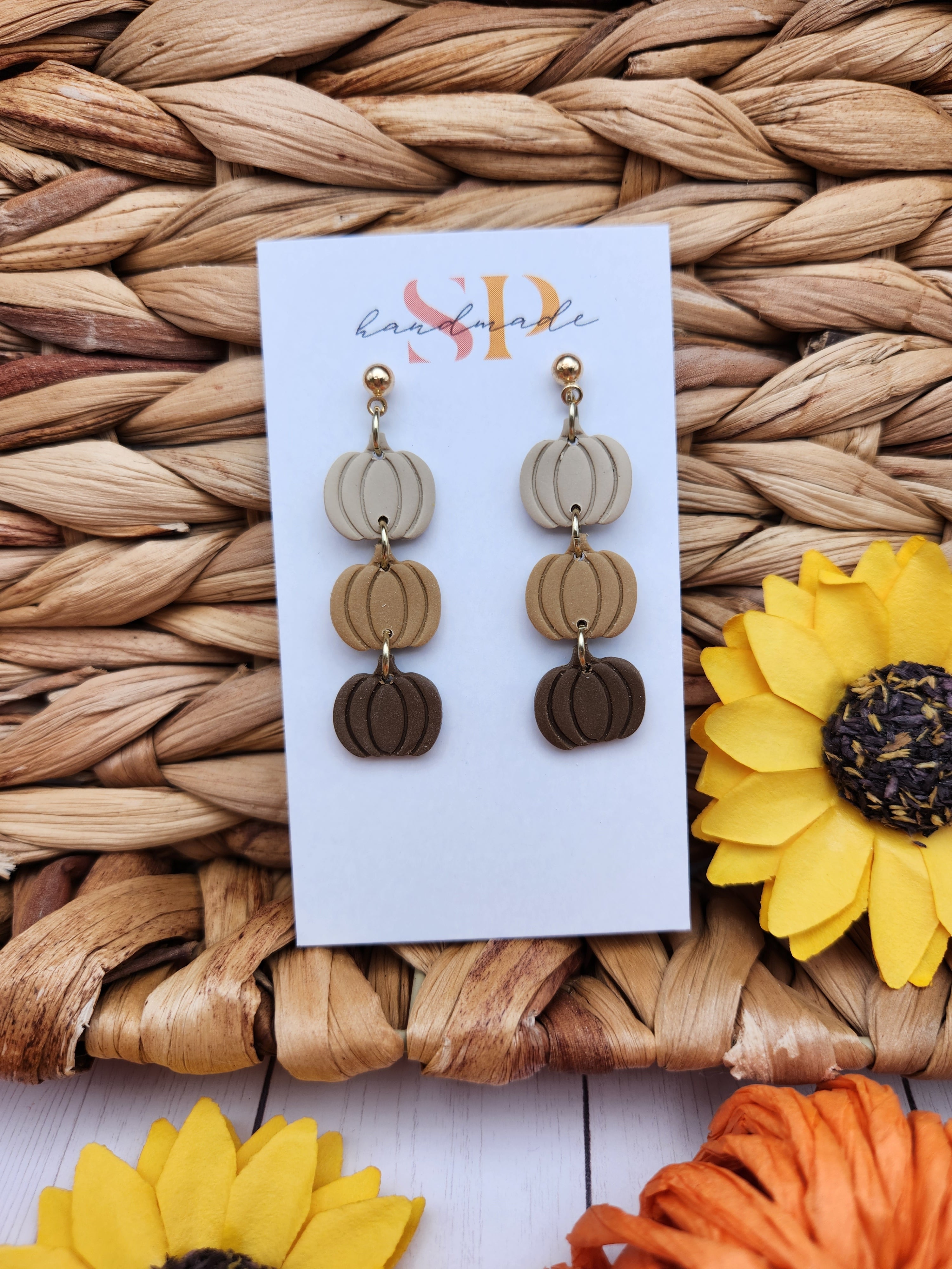 Neutral Pumpkin Dangles Polymer Clay Earrings SP Handmade