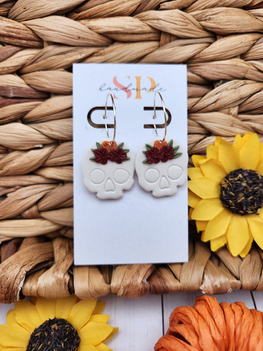 Floral Skull Hoops | Polymer Clay Earrings