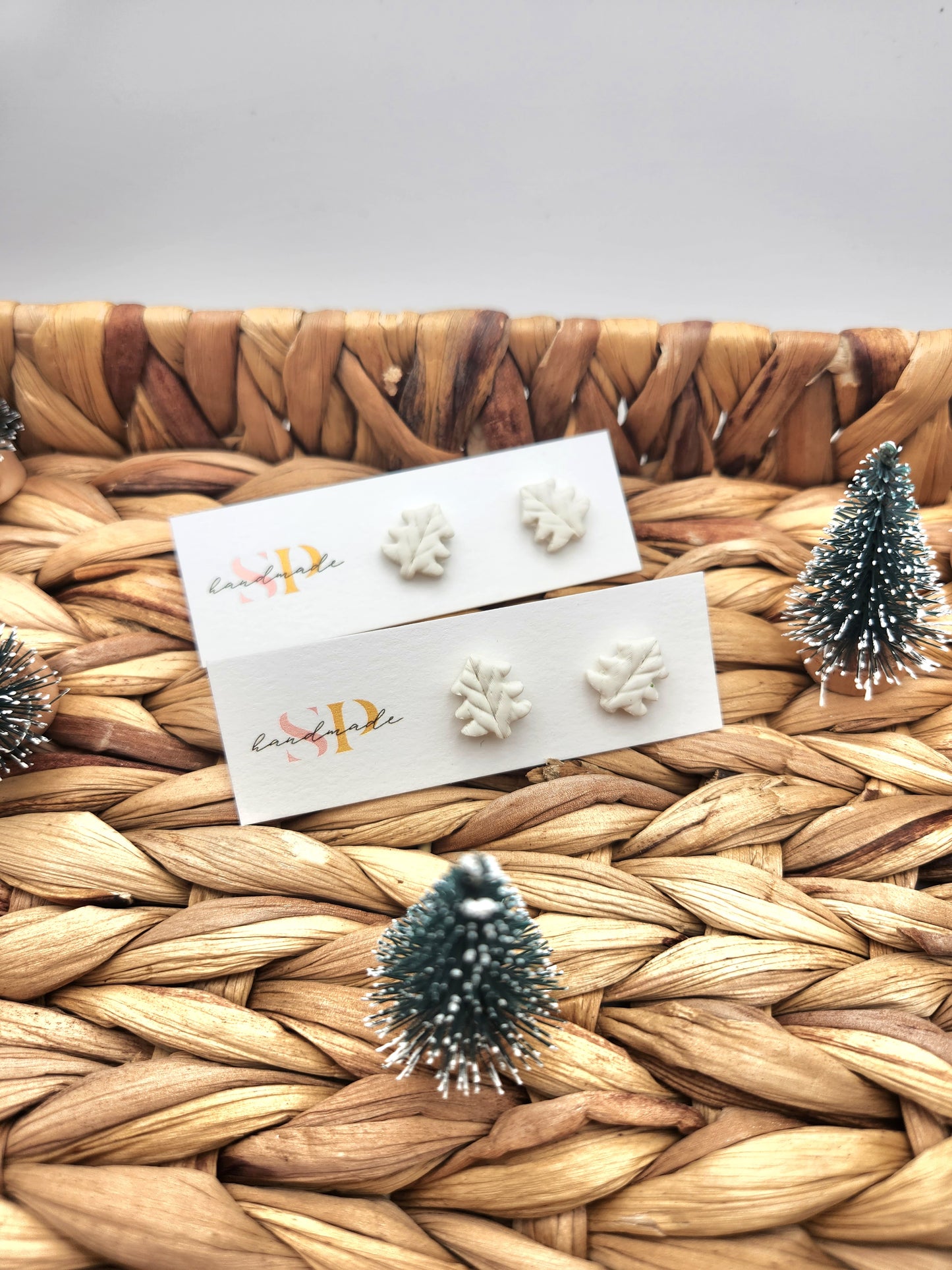 White Knit Tree Studs | Polymer Clay Earrings