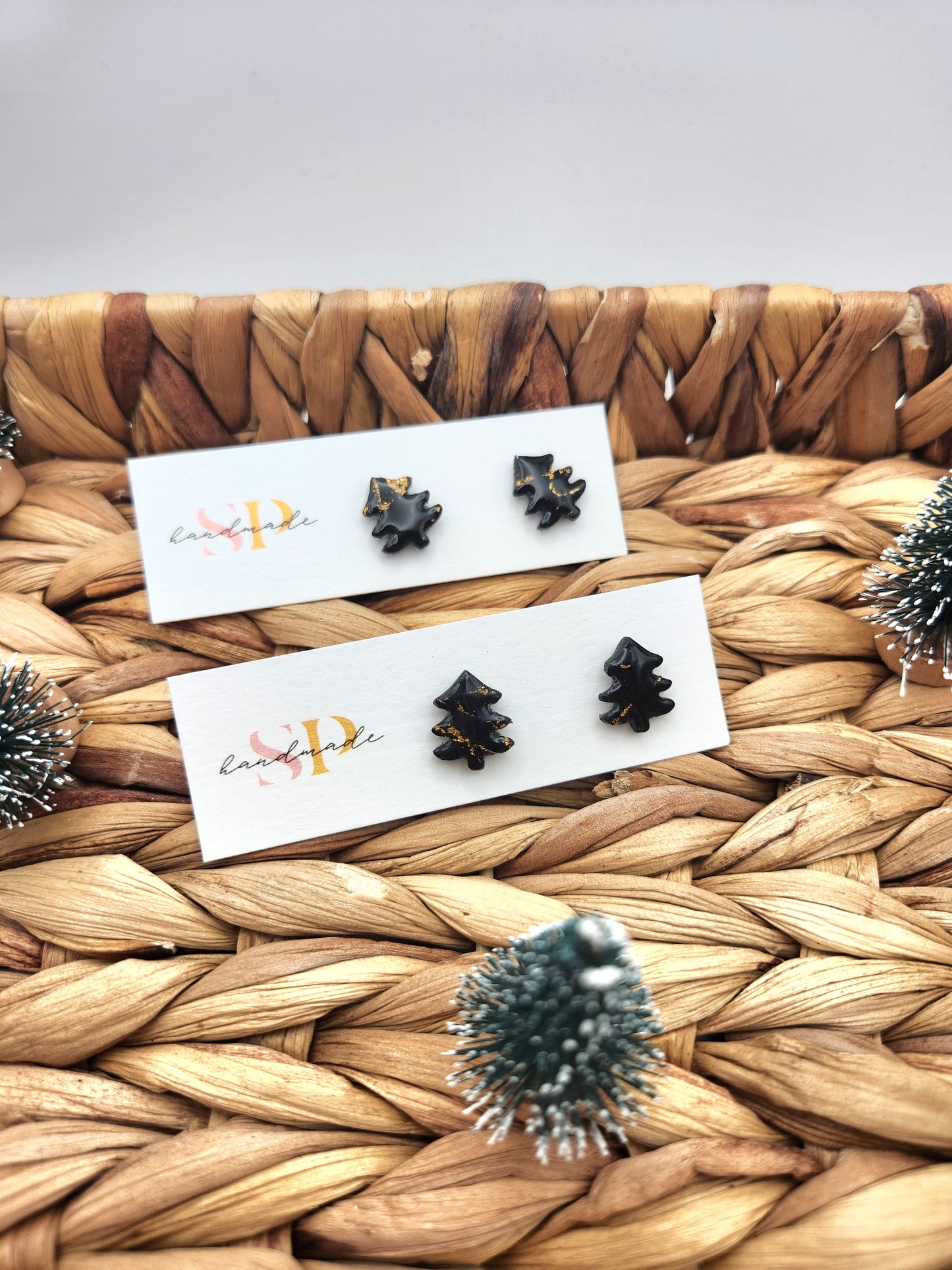 Black and Gold Marble Tree Studs | Polymer Clay Earrings