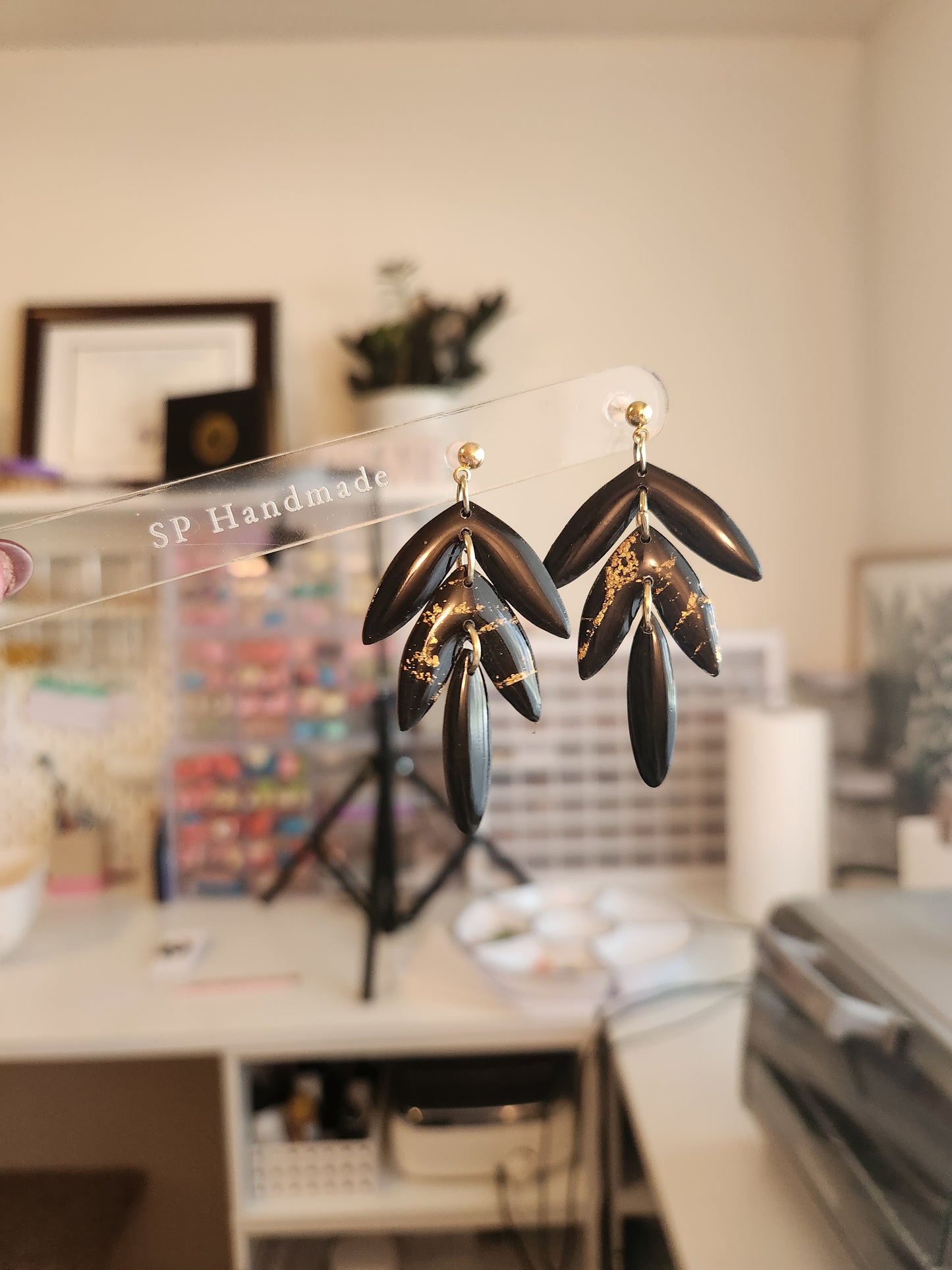 Black and Gold Marble 3-Tier Leaf | Polymer Clay Earrings