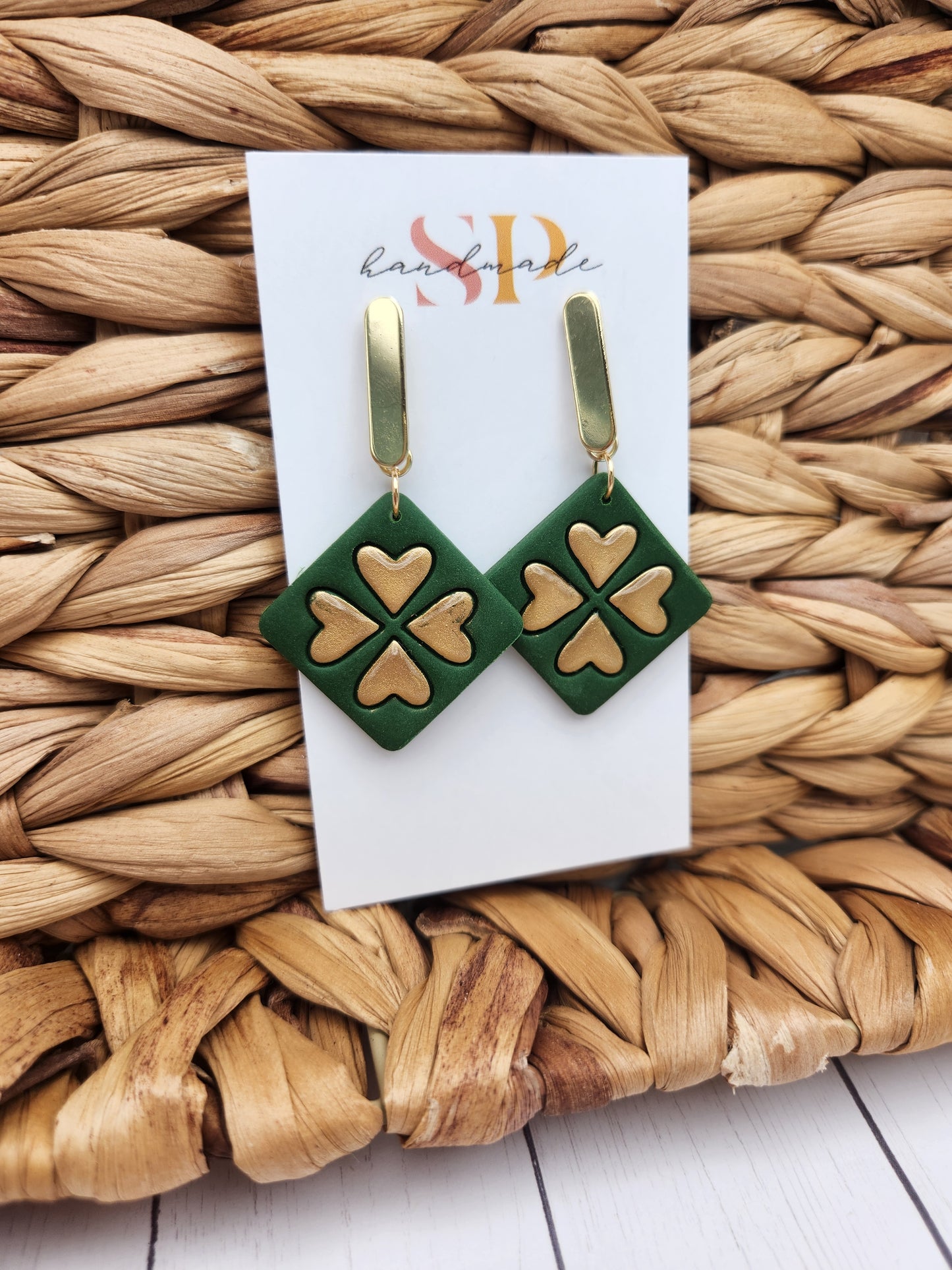 St. Patrick's Day Clover Squares | Polymer Clay Earrings