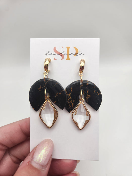 Black and Gold Marble with Gems | Polymer Clay Earrings