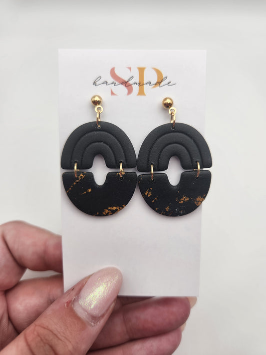 Black and Gold Oval Dangles | Polymer Clay Earrings