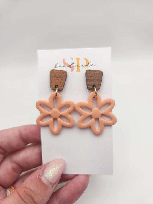 Flower Dangles with Wood Posts | Polymer Clay Earrings