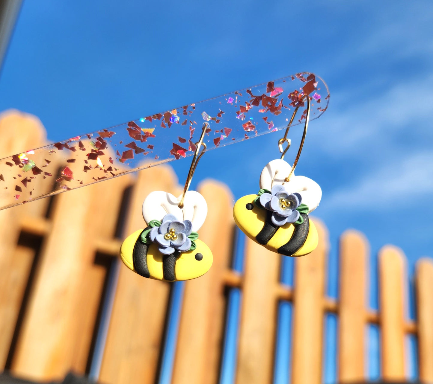 Floral Bee Hoops | Polymer Clay Earrings