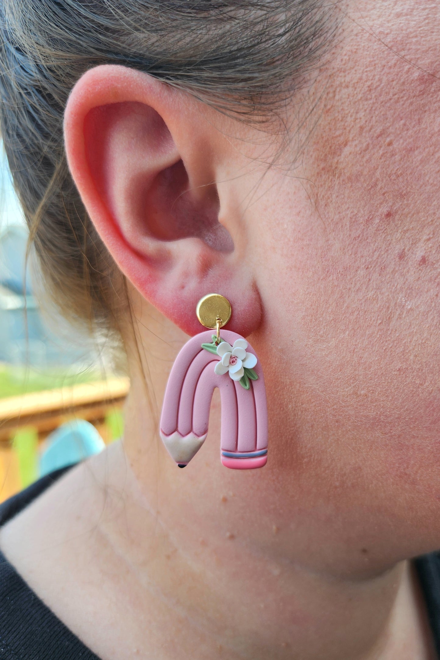 Pink Floral Pencil Bubble Arches | Polymer Clay Earrings