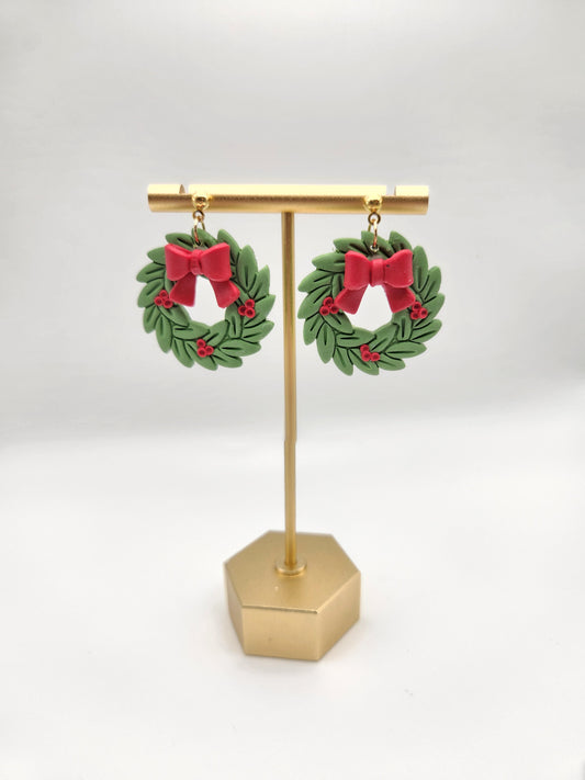 Holly Wreath Dangles | Polymer Clay Earrings