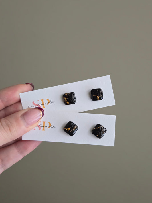 Black and Gold Marble Studs | Polymer Clay Earrings