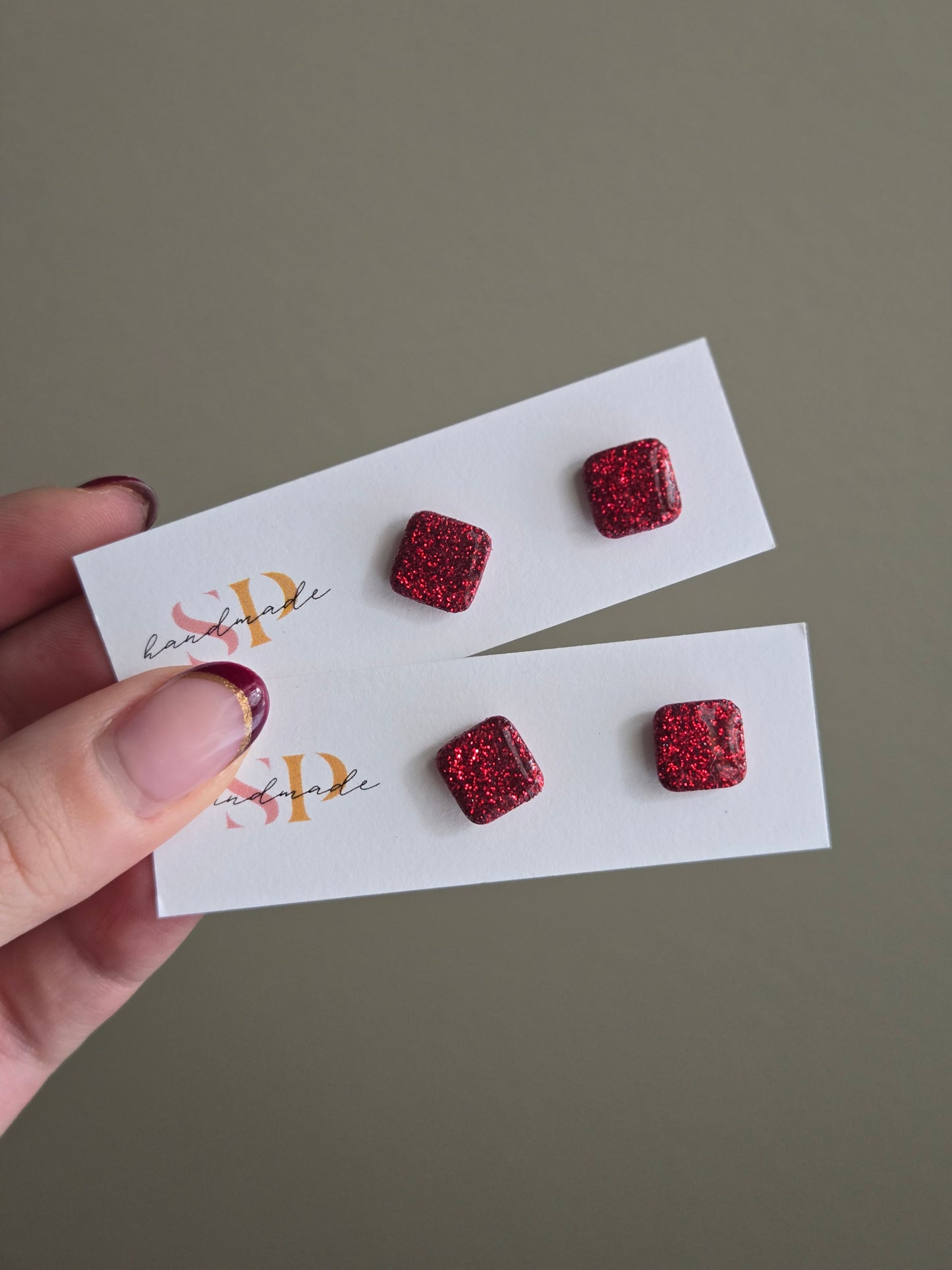 Red Glitter Studs | Polymer Clay Earrings