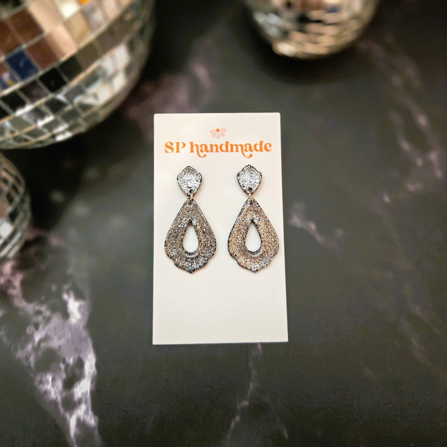 Silver Glitter Drop | Polymer Clay Earrings