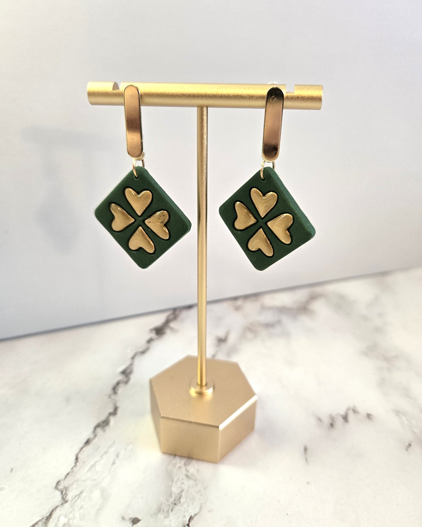 St. Patrick's Day Clover Squares | Polymer Clay Earrings