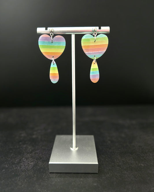 Translucent Rainbow Heart Dangles | Polymer Clay Earrings