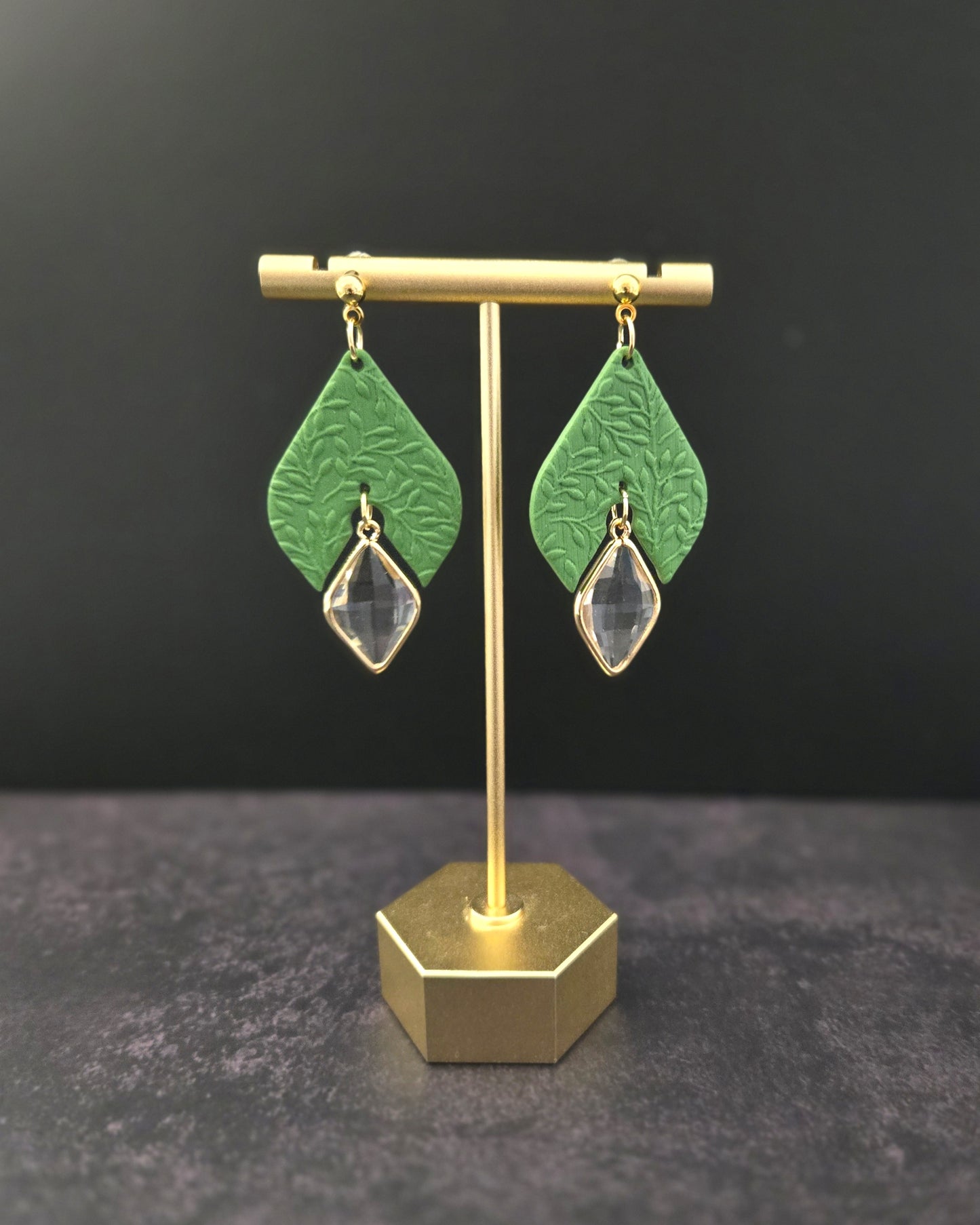 Textured Green with Gem | Polymer Clay Earrings