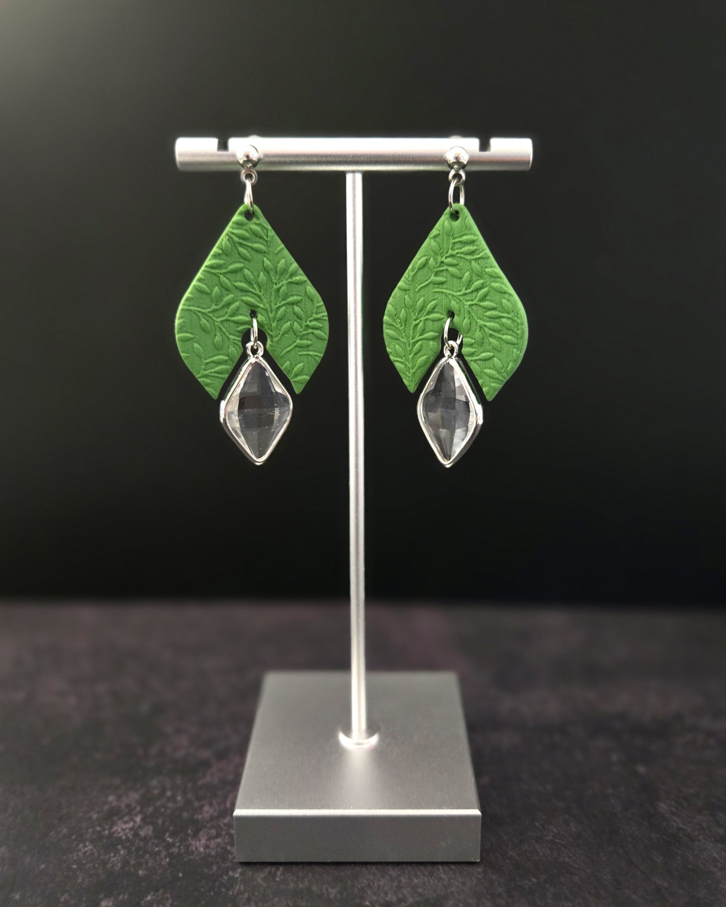 Textured Green with Gem | Polymer Clay Earrings