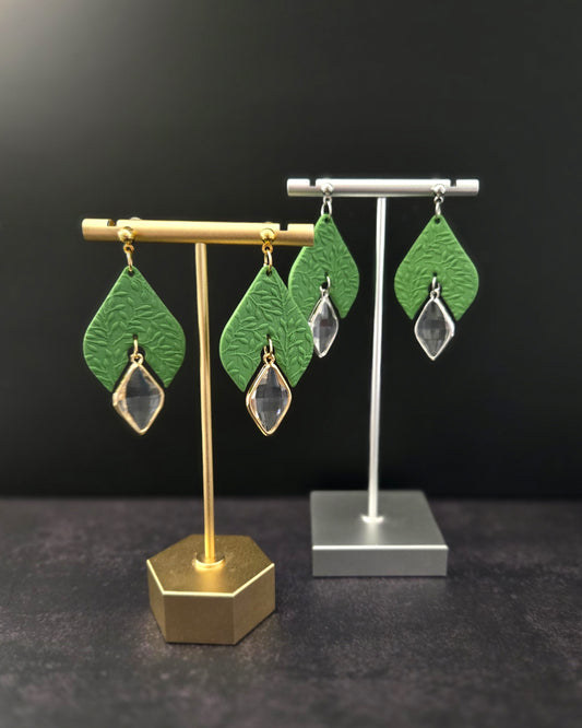 Textured Green with Gem | Polymer Clay Earrings