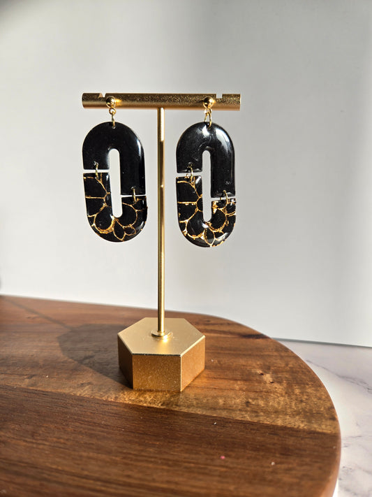 Gold & Black Ovals | Polymer Clay Earrings