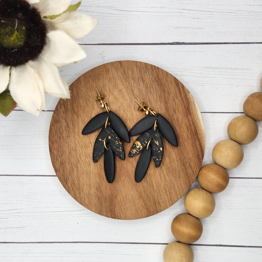 Black and Gold Marble 3-Tier Leaf | Polymer Clay Earrings