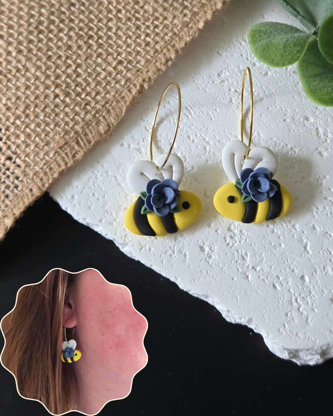 Floral Bee Hoops | Polymer Clay Earrings