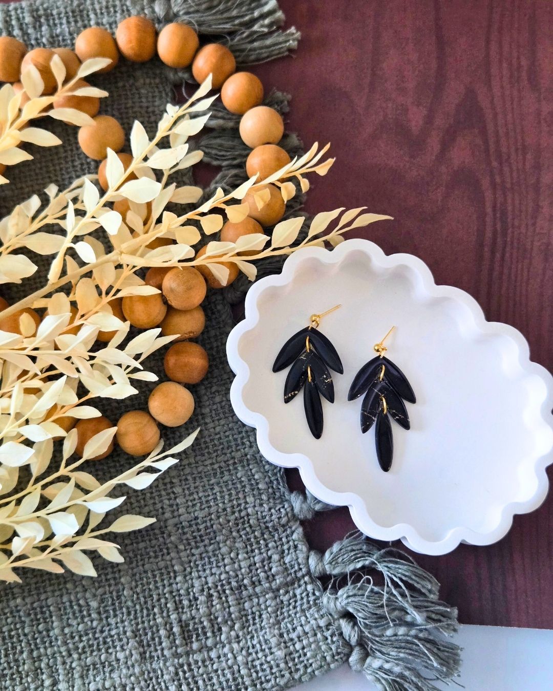 Black and Gold Marble 3-Tier Leaf | Polymer Clay Earrings