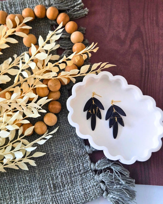Black and Gold Marble 3-Tier Leaf | Polymer Clay Earrings