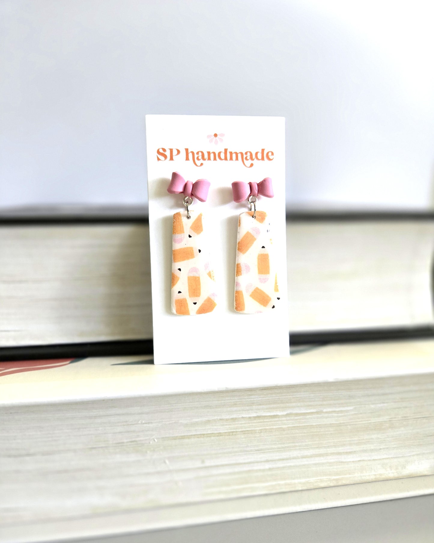 Pencil Bow Dangles | Polymer Clay Earrings