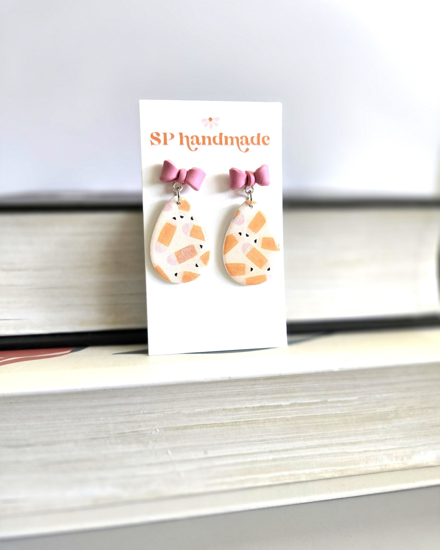 Pencil Bow Dangles | Polymer Clay Earrings