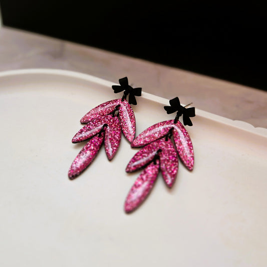Pink Glitter Bows 3-Tier | Polymer Clay Earrings