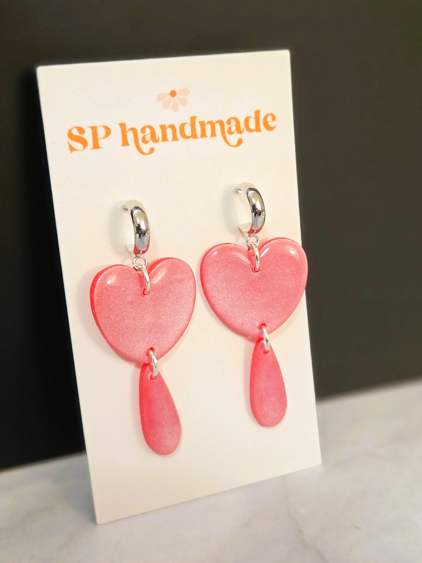 Shimmer Pink Heart Drops | Polymer Clay Earrings