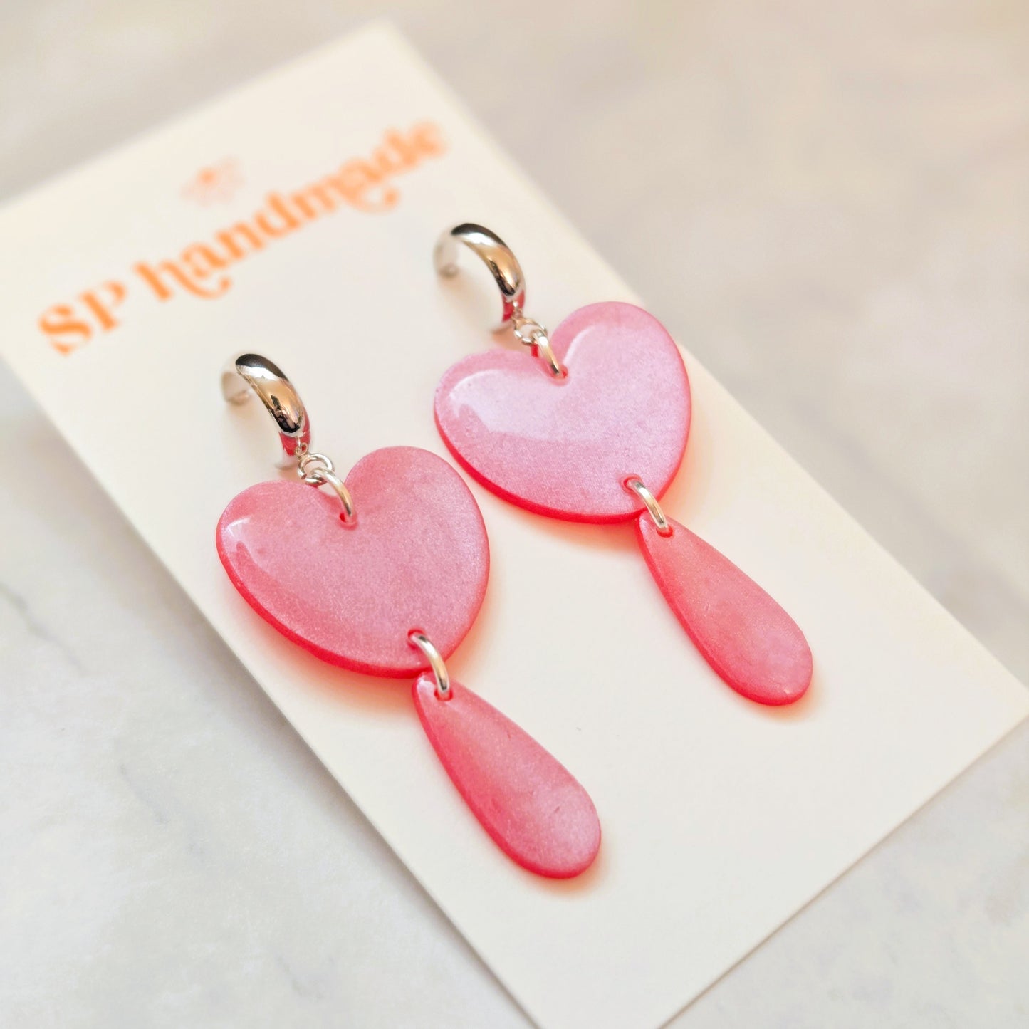 Shimmer Pink Heart Drops | Polymer Clay Earrings