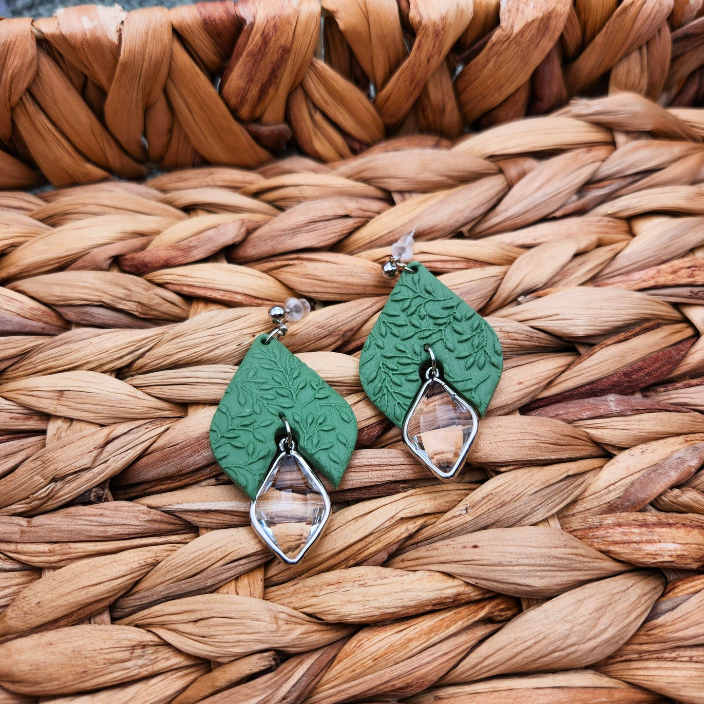 Textured Green with Gem | Polymer Clay Earrings